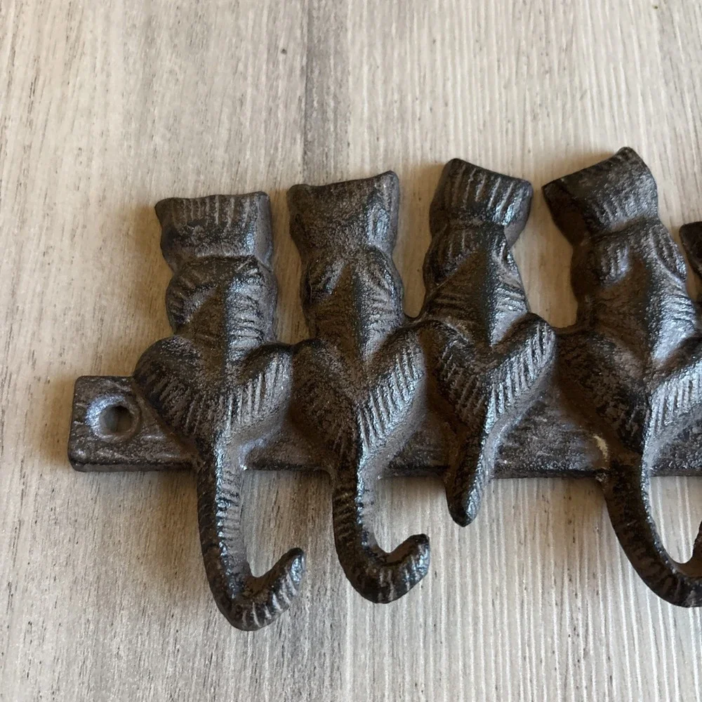 Vintage Cast Iron Cat Wall Hooks Rack 5 Hook Hanger Rustic Key Coat Leash Kitty